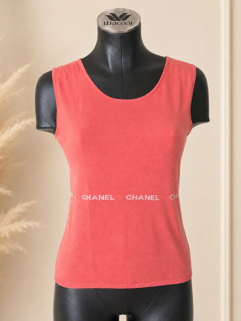 CHANEL Coral Orange Sleeveless Knit Logo Tank Top Size 42 Made in Italy